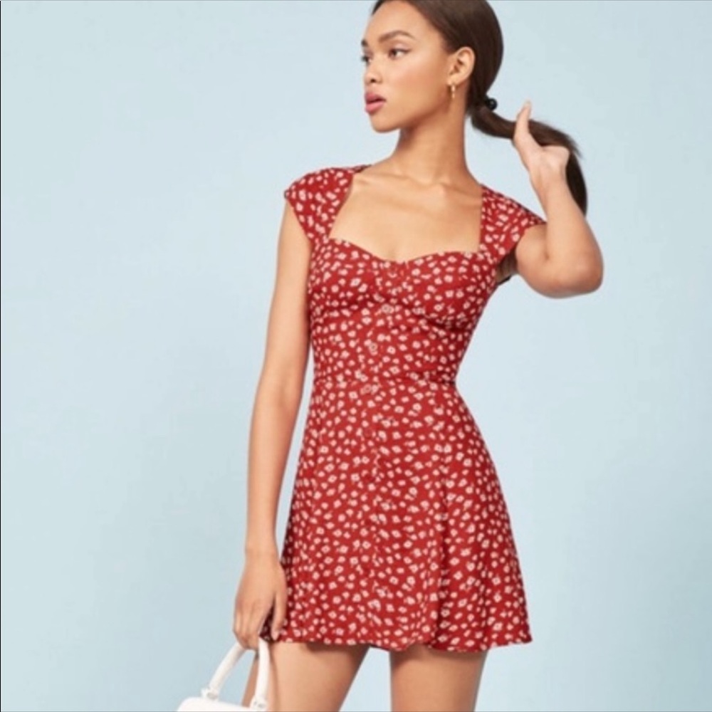 Red floral Reformation mini dress
